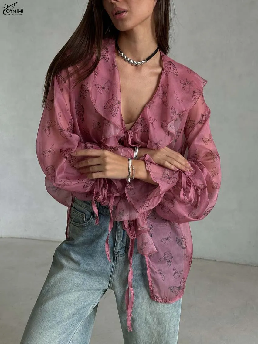 Oymimi Fashion Deep Pink Print Women's Shirt Elegant V-Neck Ruffled Long Sleeve Blouses Autumn Translucent Lace-Up Shits Female