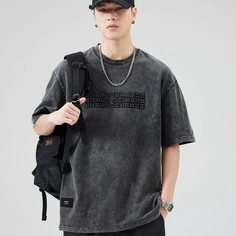 Vintage Plus Size Tops Tees Men's Summer New Short Sleeve Solid All-match Print Letter T Shirts Fashion Casual Men Clothing