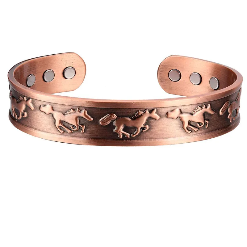 Red Copper Horse Convex Carving Method pattern Magnetic Adjustable Cuff Bracelet Bangle for Men and Women