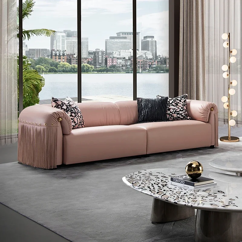 Italian postmodern leather sofa pink fringed sofa villa large apartment living room sofa combination