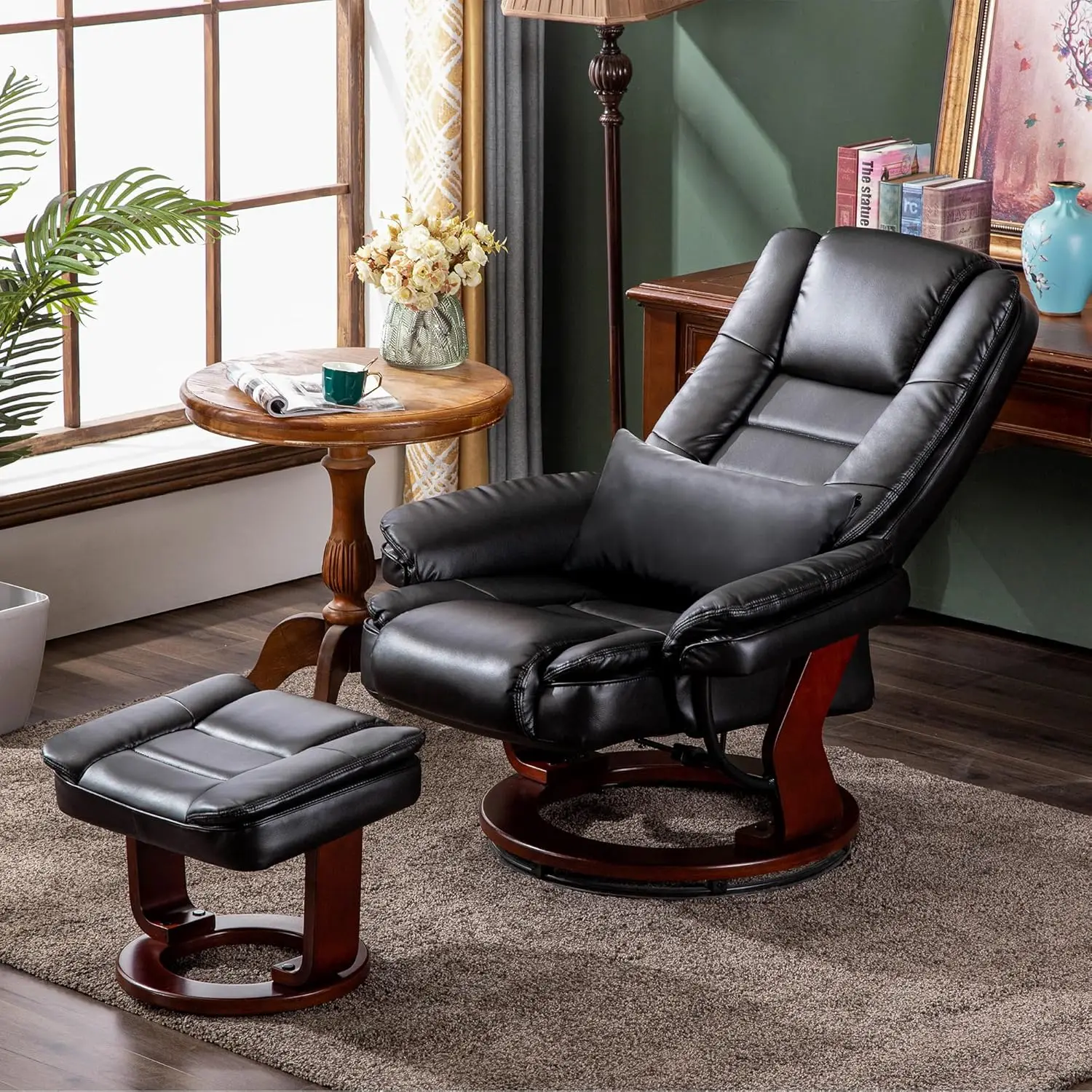 Recliner Chair with Ottoman, 360° Swivel Wooden Base, Vibration Massage Chair for Living Room, Faux Leather Accent Chair