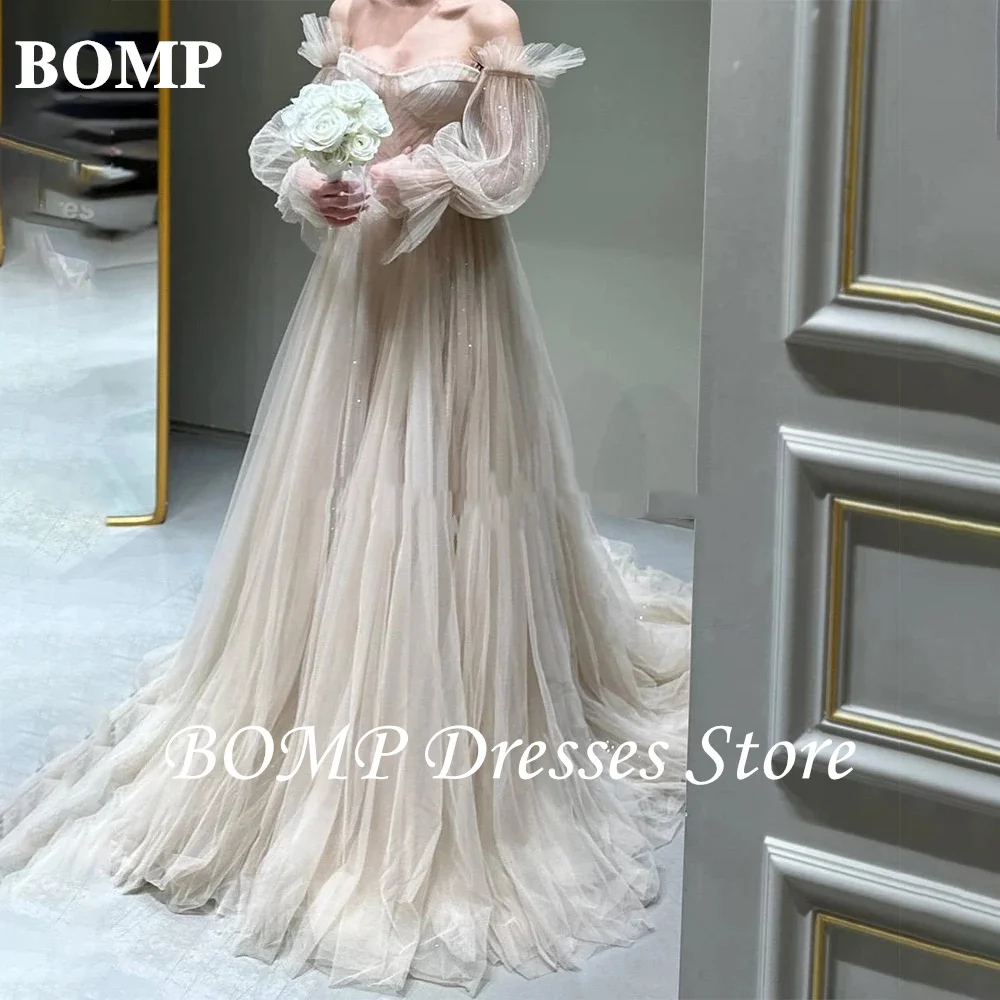 BOMP Elegant Korea Off Shoulder Wedding Dress Photo Shoot Soft Tulle Bridal Gown Floor Length Fairy Bridal Dresses customized