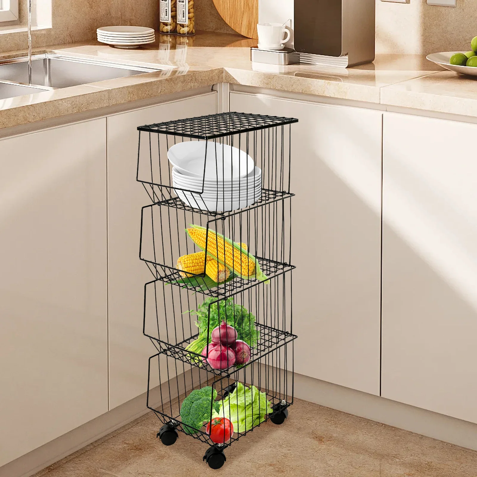 4Tier Basket Stand Organizer Shelf with 4xWheels For Kitchens, Bedrooms, Living Rooms, etc