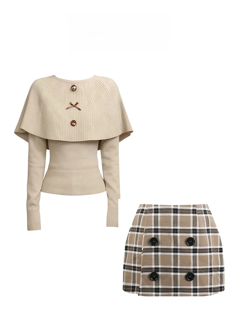 

Parkyeon Spring Knot Knitted Sweater And Plaid Skirt Two Piece Set Women's Fashion Casual Warm Long Sleeve