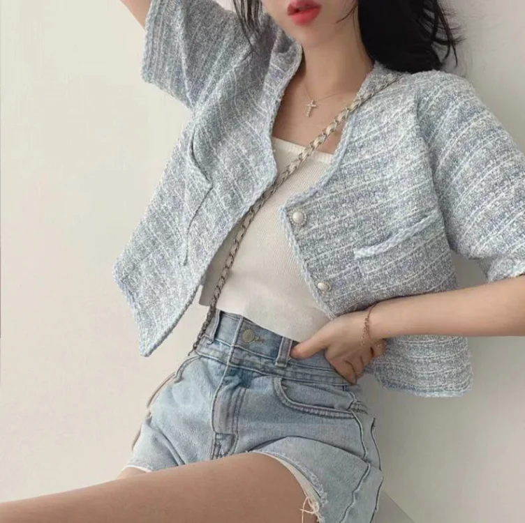 Korean Chic O-neck Double Pockets Coat Women Summer Pearl Button  Breasted Jackets Loose Short Sleeve Tweed Jacket