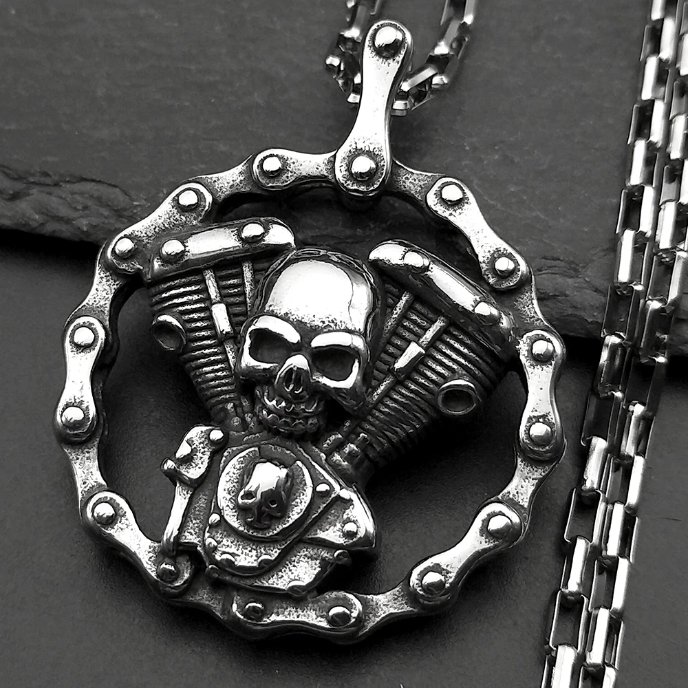 

Hip Hop Heavy Duty Skull Motorcycle Engine Pendant Necklace for Men Silver Color Chain Biker Punk Rock Party Jewelry