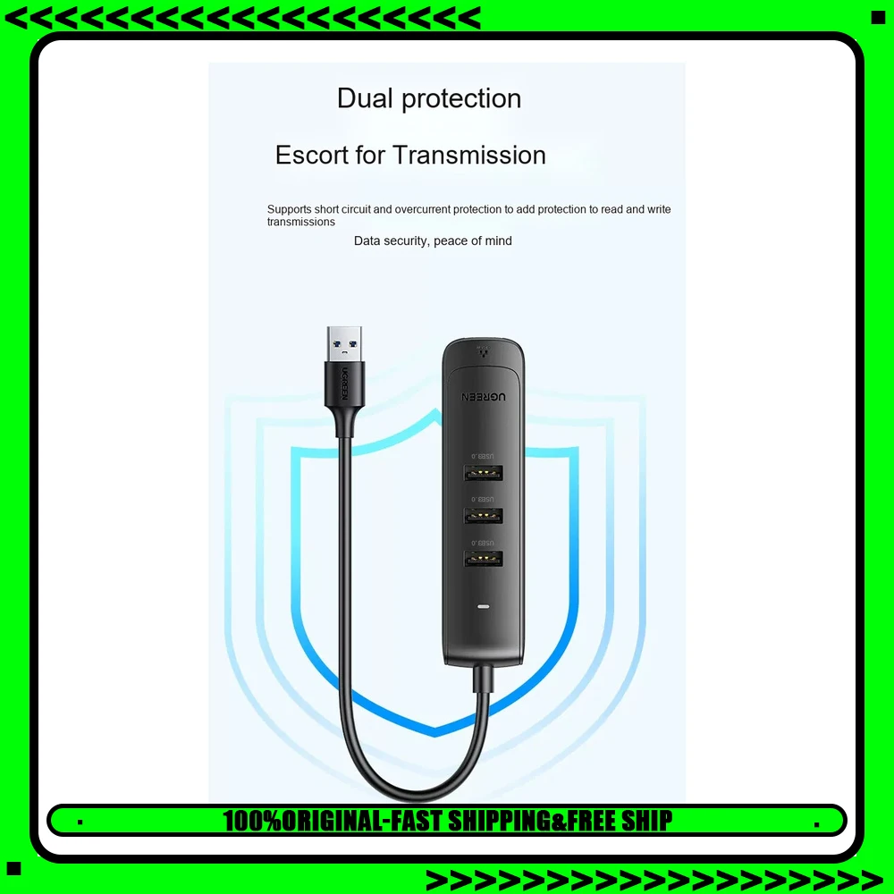 UGREEN 50624 CM530 USB 3.0 Hub with Gigabit Ethernet Adapter 3-Port USB Splitter RJ45 Wired Network Adapter Black