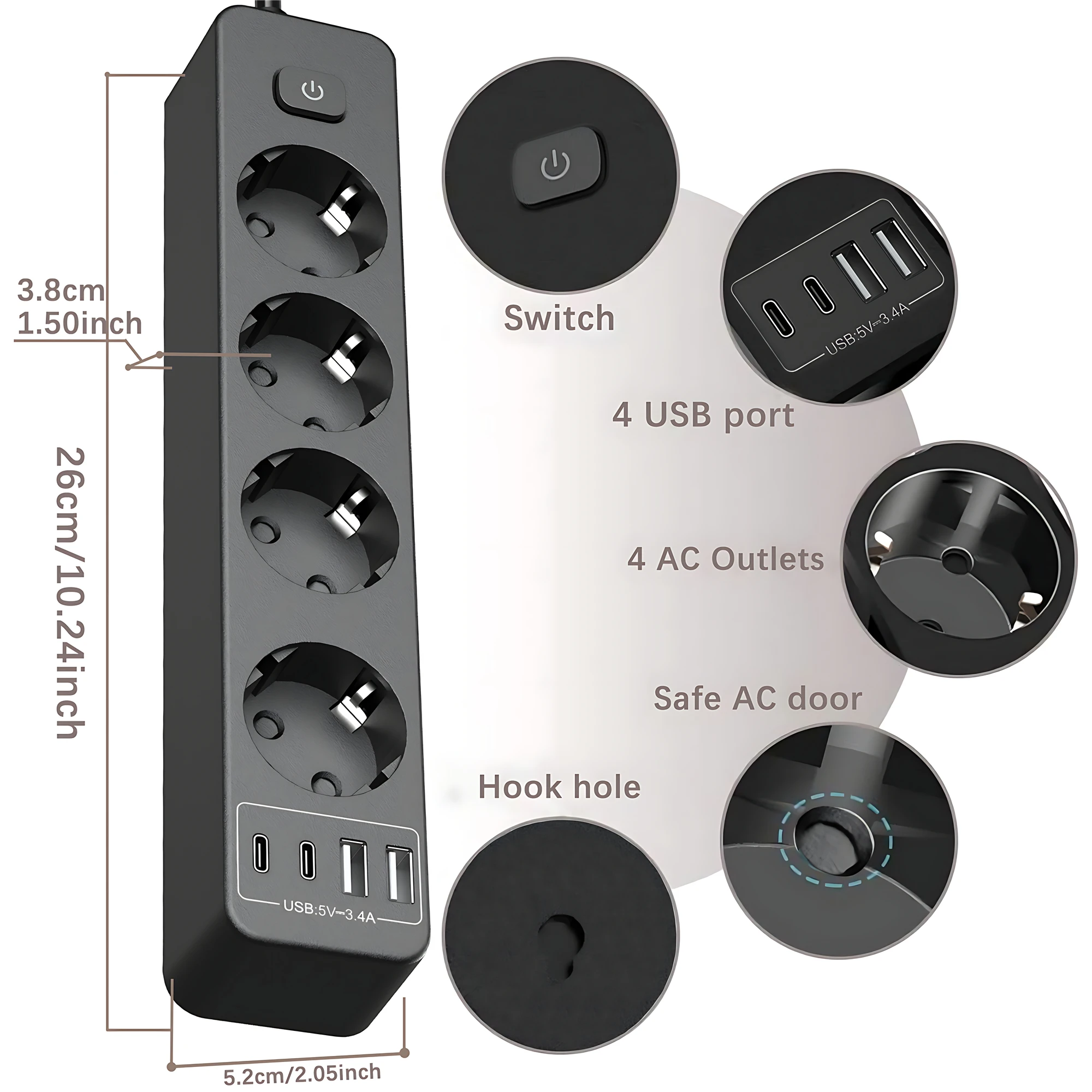 Power Strip Multi Socket Network Filter 4 Outlets 4 USB Port Charging 5.9ft Extension Cable Electical Adapter Surge Protection