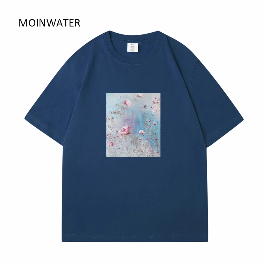 MOINWATER New Flower Printed T shirts for Women Purple Female Pure Cotton Summer Tees Lady Streetwear Short Sleeve Tops MT2311