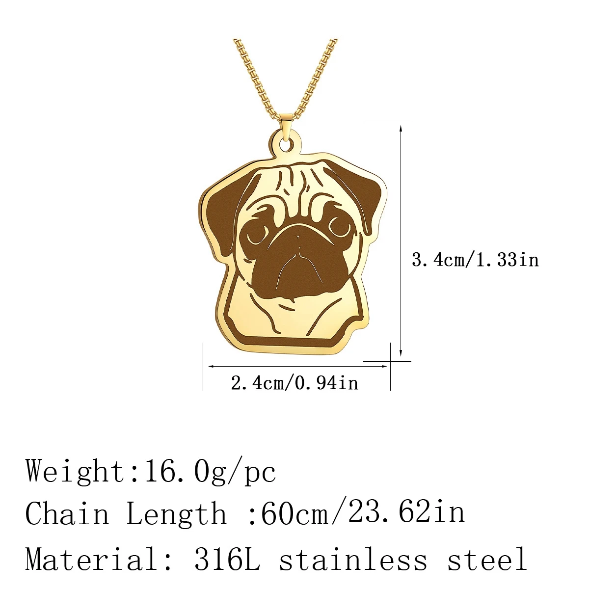 Kinitial Adorable Pug Dog Women Necklace Stainless Steel Jewelry Lovely Animal Pendant Necklace Birthday Gift