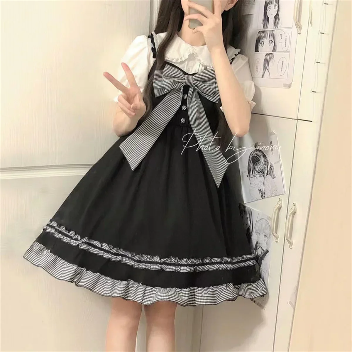 Japanese College Style Lolita Bow Dress Female Student Summer Doll Collar Shirt Strap Skirt Two Piece Set