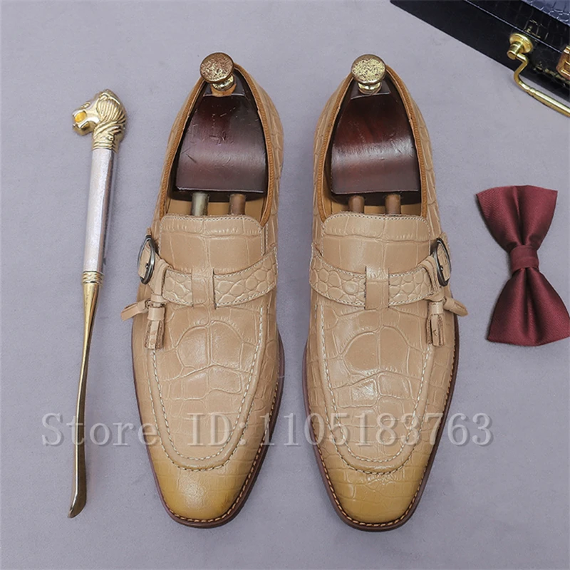 Men's Plus Size Business Dress Shoes British Beige Cowhide Leather Tassel Decor Groom's Wedding Party Formal Shoes