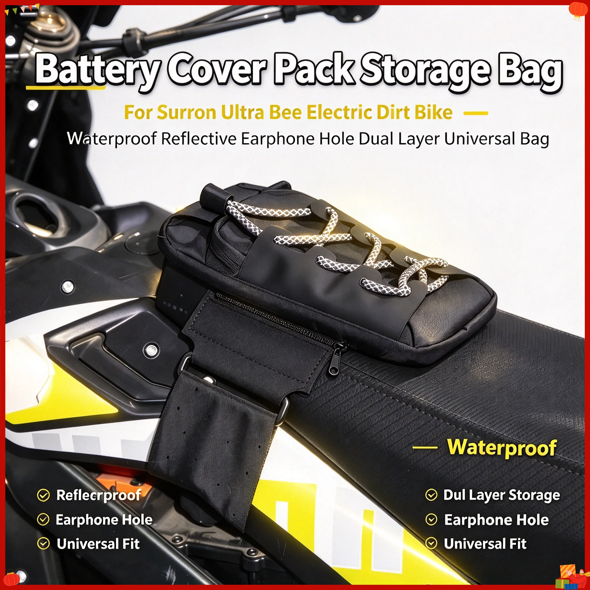 Battery Cover Pack Storage Bag for Surron Ultra Bee Electric Dirt Bike Waterproof Reflective Earphone Hole Dual Layer Universal