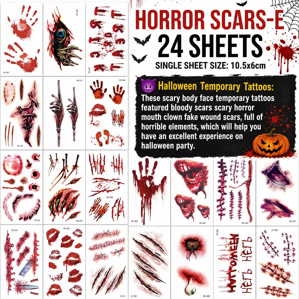 6/24Pcs Halloween 3D Fake Scar Temporary Tattoos Bloody Wound & Zombie Designs with Fake Scab Blood Tattoo Halloween Scar Makeup