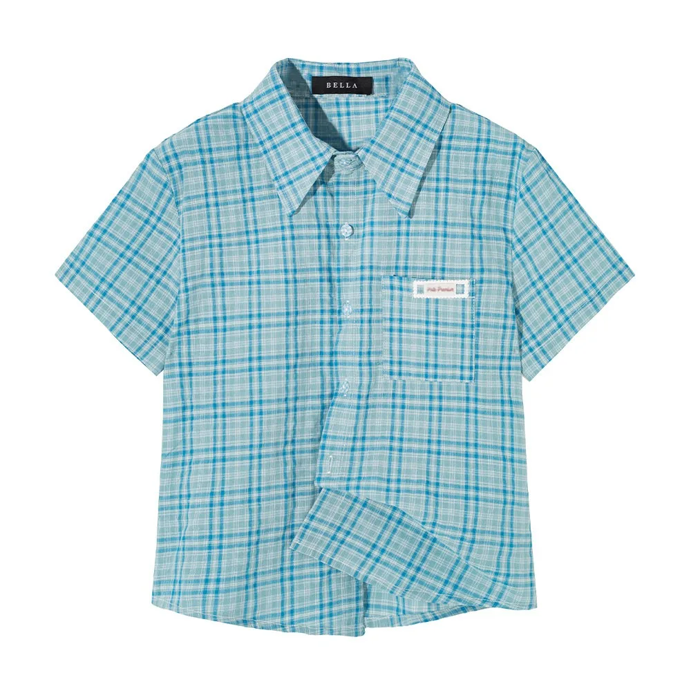 

American Style Plaid Short Sleeve Shirt Women Summer Loose Casual Design Slimming Commute Casual Shirt Top Polyester Fiber