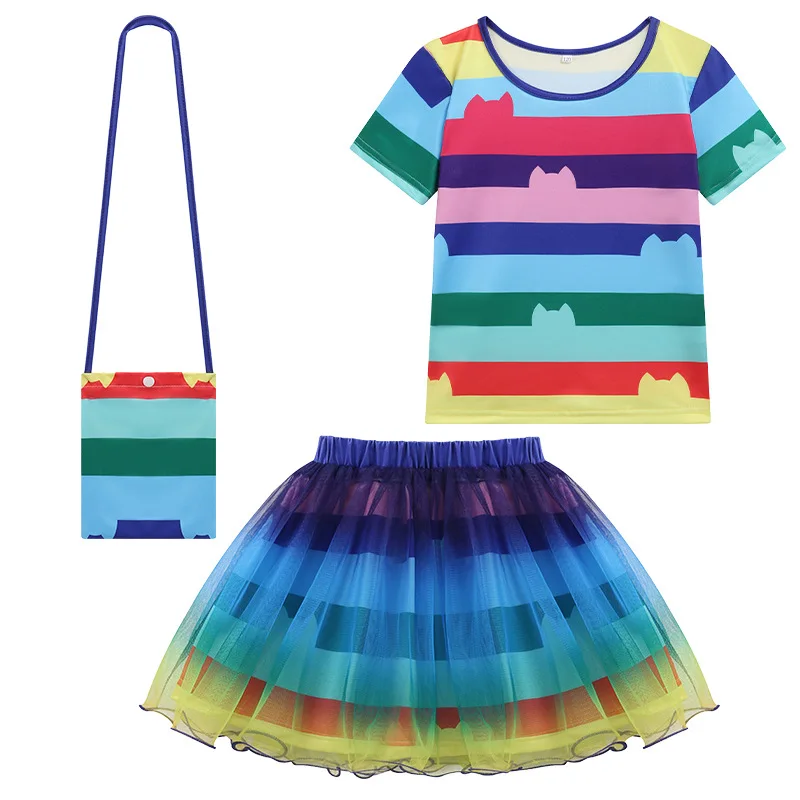 Girls Cute Dollhouse Pattern Tutu Dress Set with Bag Kids Sleeveless Party Wear Summer Layered Net Skirt Birthday Gift for Girl
