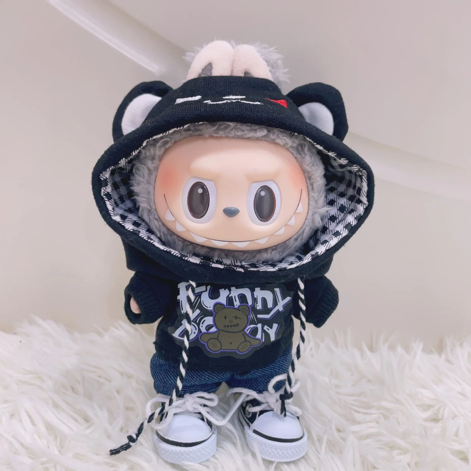Labubu roupas de boneca urso com capuz moletom terno 17cm roupas de boneca de pelúcia substituição labubu i ii idol boneca sentado festa