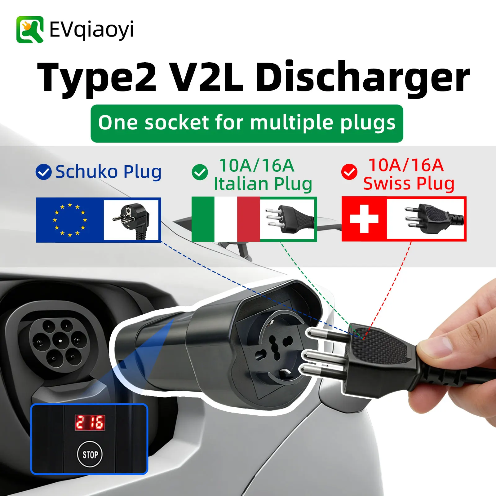 

EVqiaoyi Type 2 V2l Discharge Adapter with Display Screen, Vehicle to Load Plug with EU Universal Socket for BYD Chery