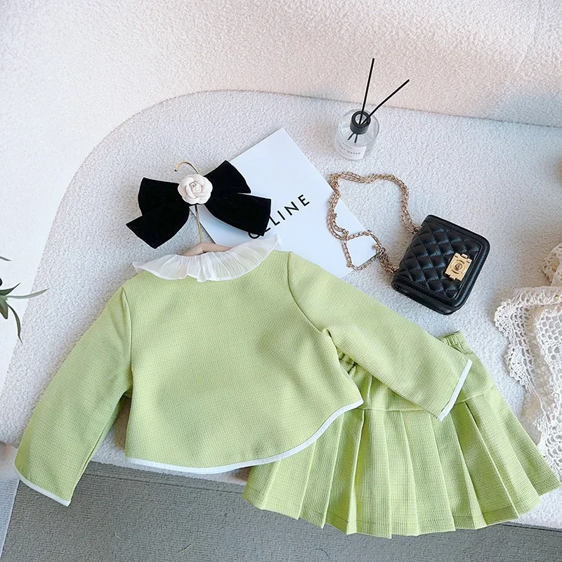 Two Pieces Fahsion Baby Girl Clothes Green Lacy Peter Pan Collar Coats Cardigans Pleated Skirts Children's Sets