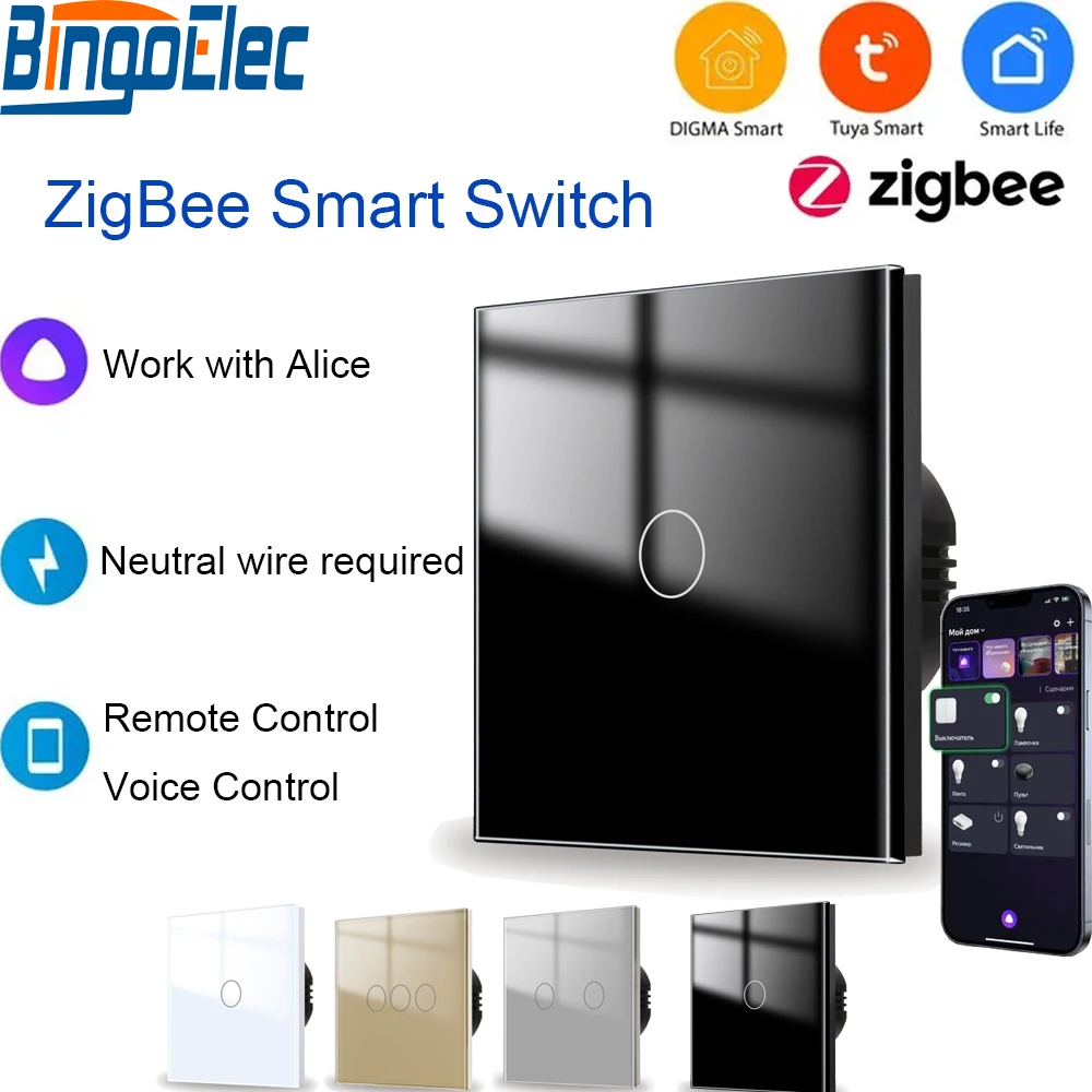 Bingoelec-interruptores inteligentes Zigbee, interruptor de luz táctil de 1/2/3 entradas, interruptores con Sensor de pared con cable neutro, Tuya Smart Life, Google Alexa