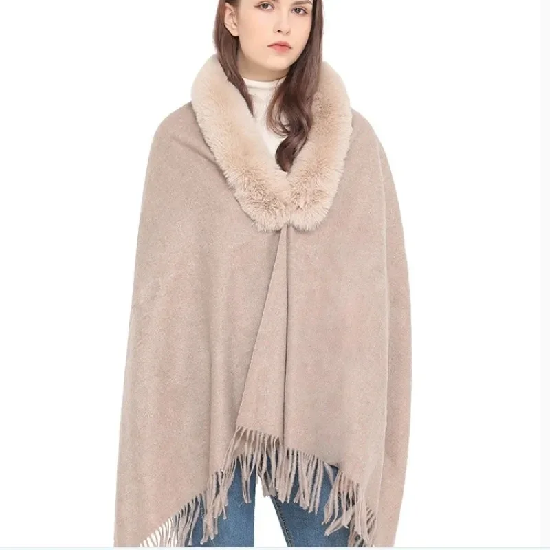 Écharpe à col en fourrure pour femme, châle chaud pour femme, ponchos d'hiver pour femme, cardigan rose Everak, hiver et automne