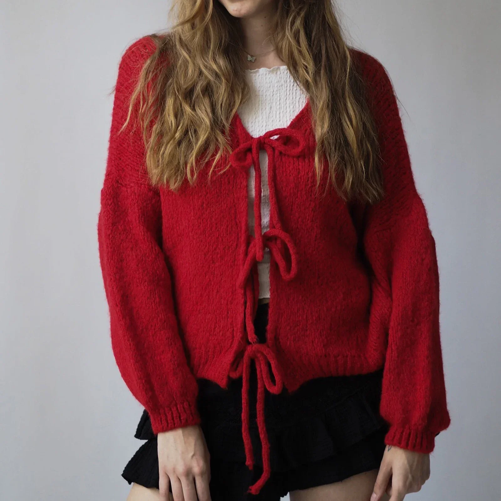 

Vintage Women Tie Front Oversized Knitted Cardigan Y2k Girls Knitwear Sweater Top Lantern Sleeve Open Front Cardigan