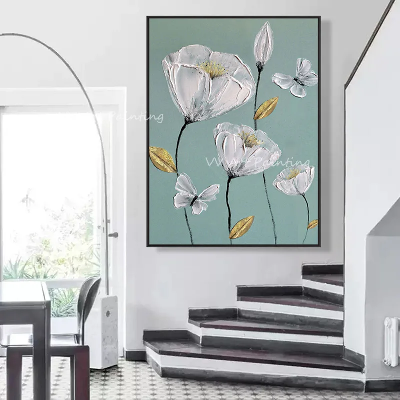 Vertical Handmade Botanical Oil Painting, Palette Knife Poppy & Butterfly Art, Gold Foil Detail Textured Canvas Wall Decor