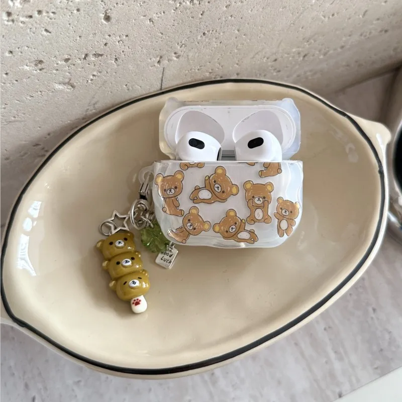 Japanese Korean Cute Cartoon Rilakkuma Headphones Case For AirPods 1/2/3/4/Pro/Pro2/Pro3 with Bear Keychain Clear Cover Girls