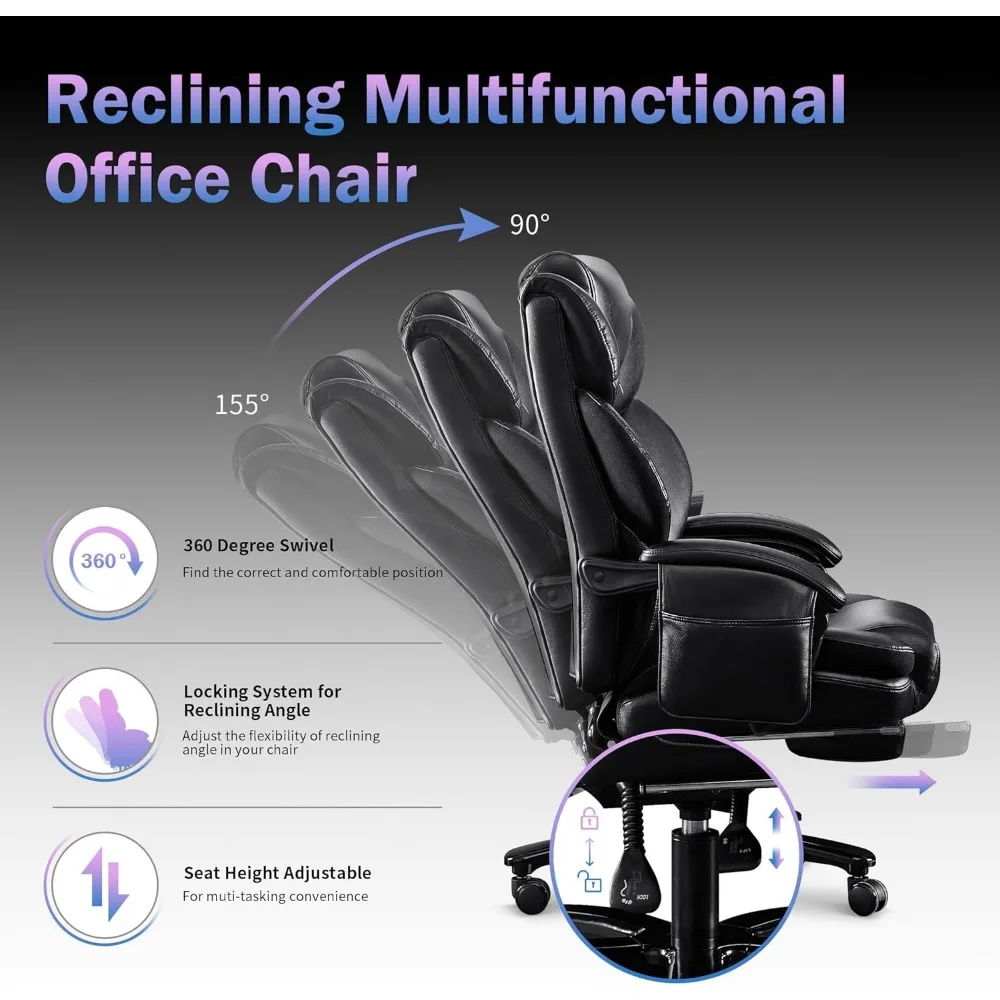 Big and Tall Office Chair 500lbs with 3D Rolling Massage Lumbar Cushion Executive Office Chair High Back Reclining Office Chair