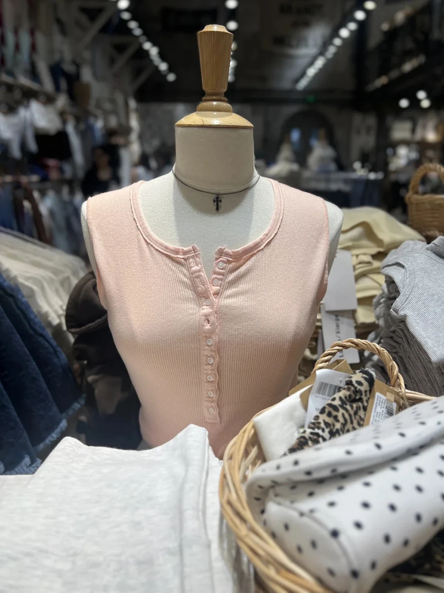 Nine Buttons Orange Tank Tops Woman Summer Round Neck Cotton Sleeveless Slim Camisole Female Vintage Simple Sweet Ribbed Vest
