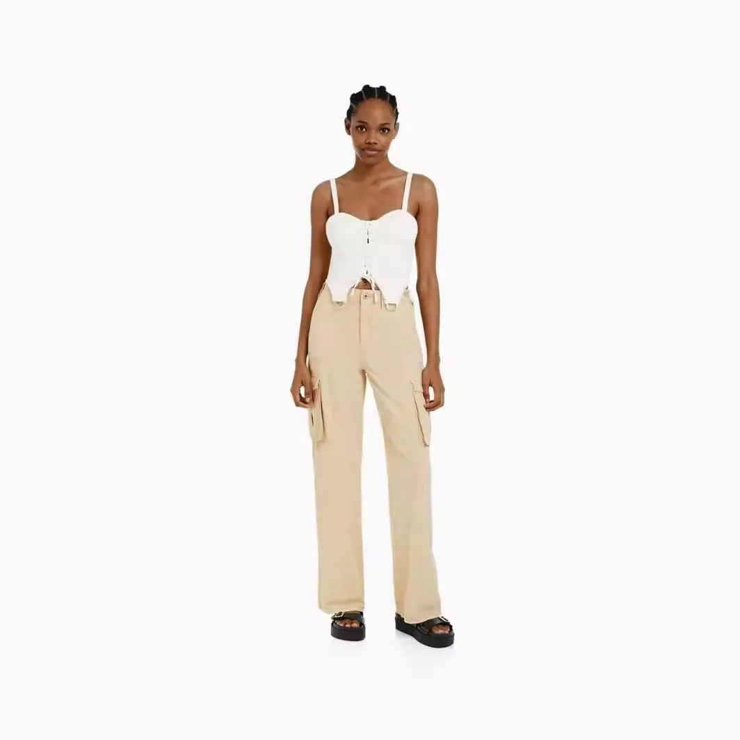 Immagine 4: Pantaloni casual con tasche, vita bassa, stile giapponese e coreano, perfetti per l'estate, con gamba dritta, leggermente elasticizzati e resistenti alle pieghe, da donna.