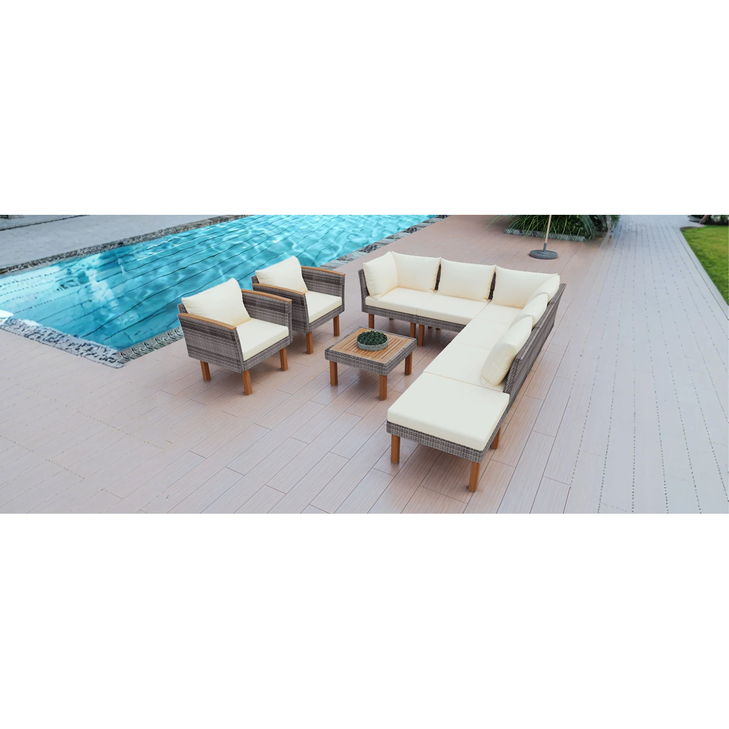 9-Piece Patio Rattan Furniture Set, Outdoor Sectional Sofa with Acacia Wood Legs, Coffee Table, Washable Cushion - Beige