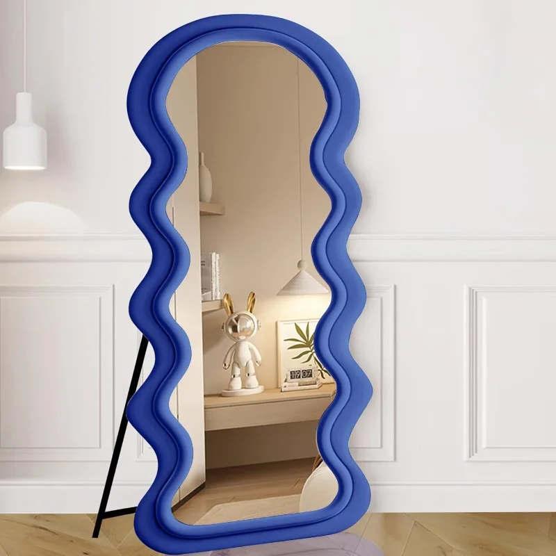 Flannel Wavy Full Length Mirror with Stand Wall Mounted,Tall Body Long Mirrors Bedroom Decor,Simple Modern Wooden Frame,Blue