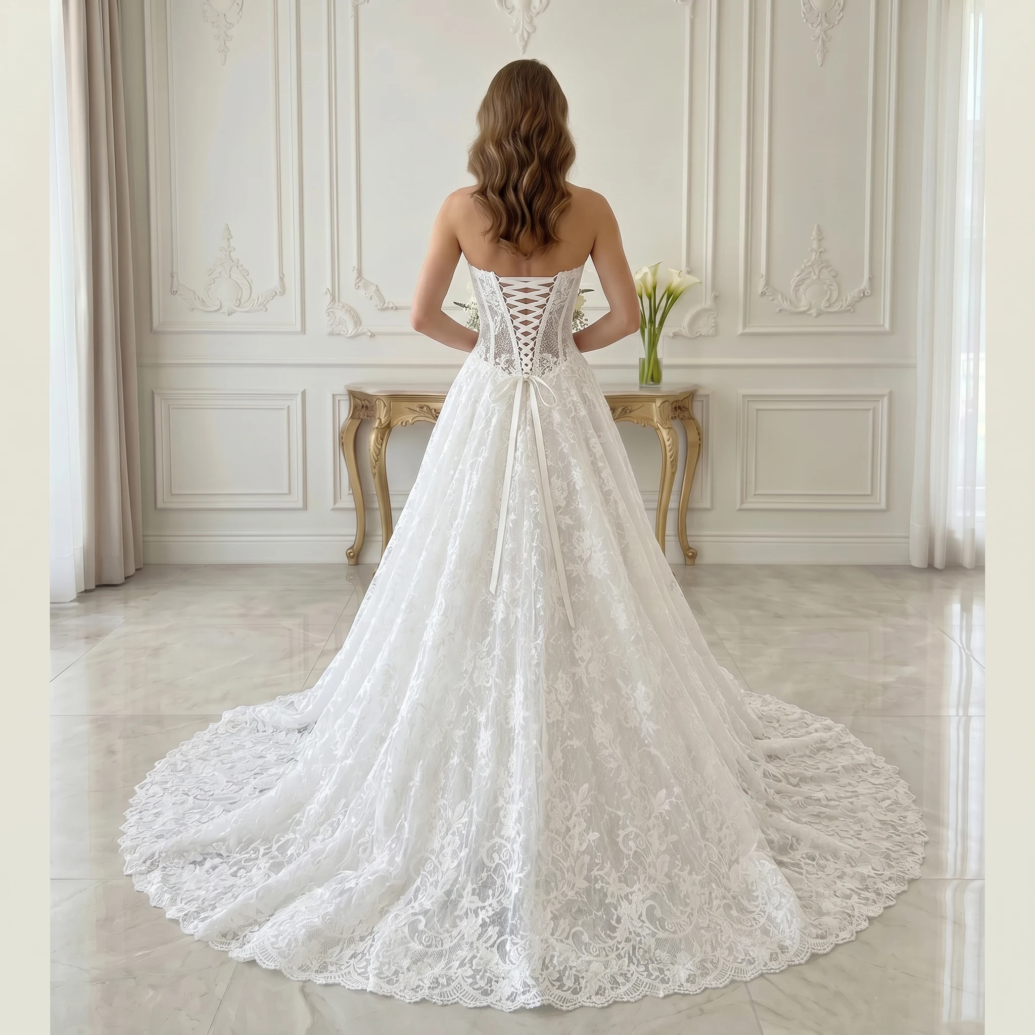 Strapless Sweetheart Corset A Line Wedding Dress Full Vintage Floral Lace Corset Back Scalloped Chapel Train Bridal Gown