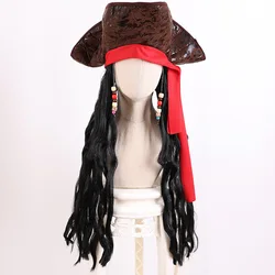 Men Halloween Pirates of The Caribbean Cosplay Wig Adult Pirate Captain Jack Sparrow Black 65cm Curly Hair Cosplay Accessories