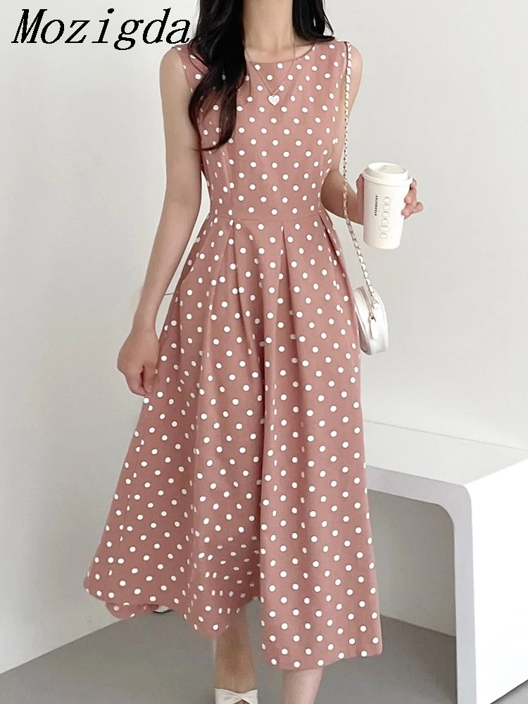 

Summer Polka Dot Print Sleeveless Vests Dress Women Ruffle Fashion Pleated Ladies Dresses Korean Style Woman Pink Vests Dress