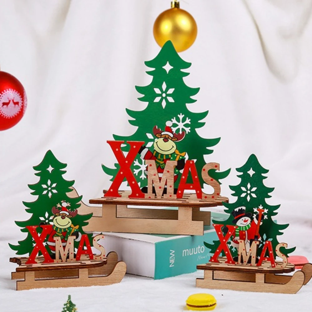 

3pcs Wooden Sleigh Colorful Assembled Christmas Ornaments Santa Claus Snowman Elk Xmas Decor for Room Office Desk Decoration