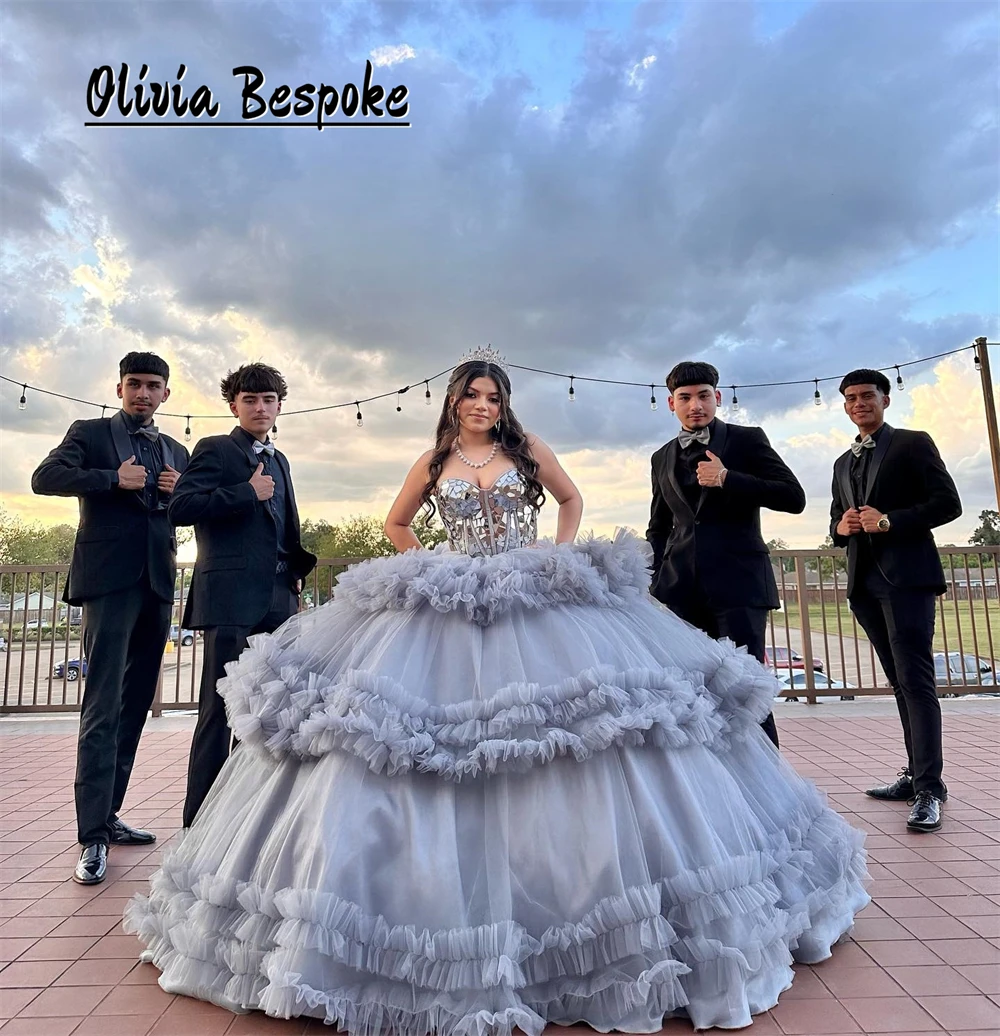 Unique Silvery Mirror Piece Quinceanera Dress Strapless Wedding Birthday Ball Gown Tiered Tulle Ruched Train vestidos de 15 años