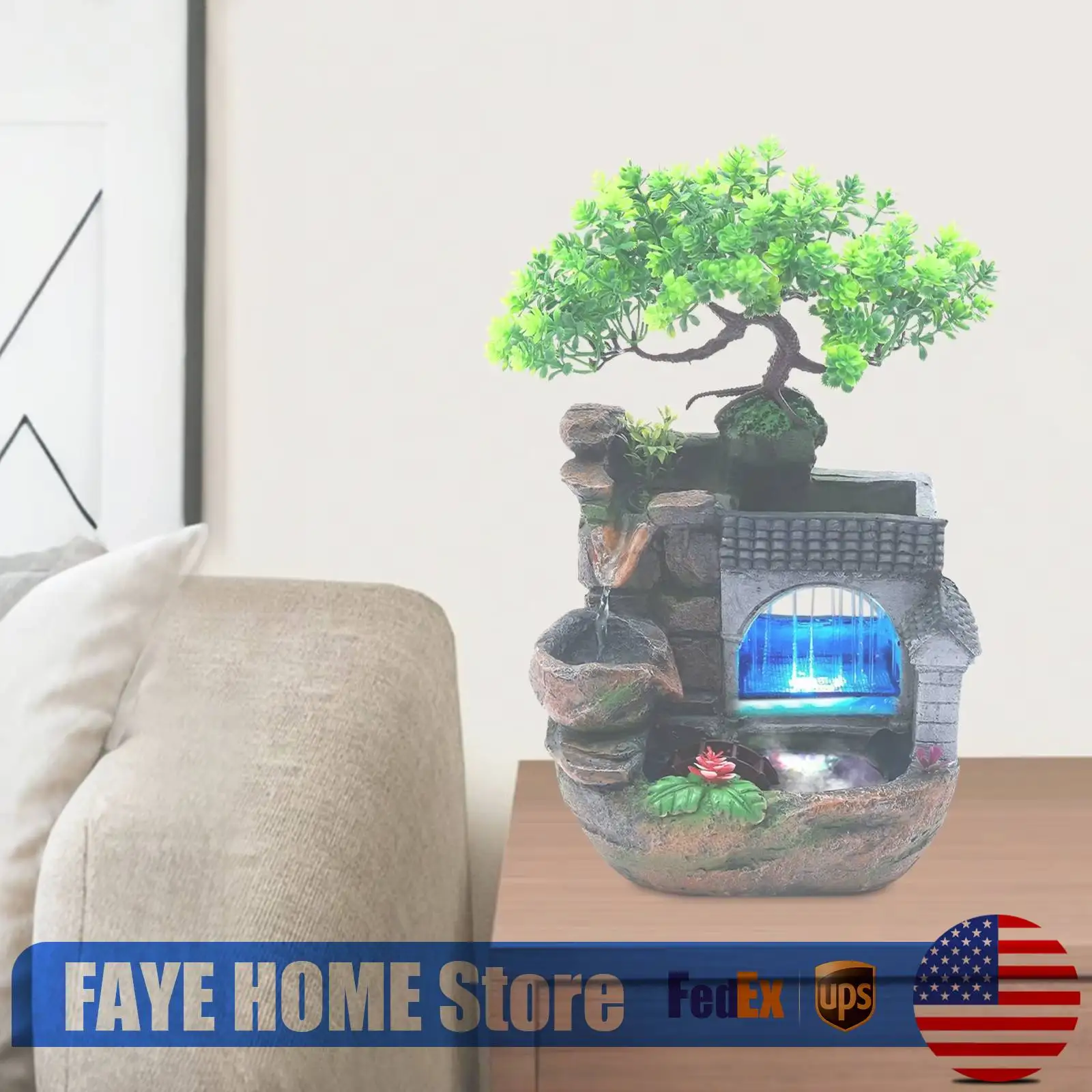 

Настольный фонтан-украшение, мини-водопад с насосом, стандарт США 110В, скульптура из полимерной смолы ручной работы для декора дома и рабочего стола