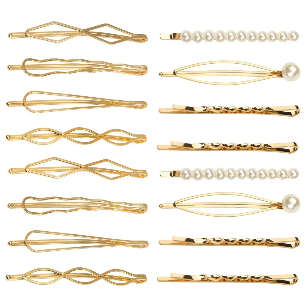 

16 Pieces Geometric Metal Hair Pins, Pearls Hair Clips Elegant Hair Barrettes Bridal Gold Metal Bobby Pins Dainty Embellished