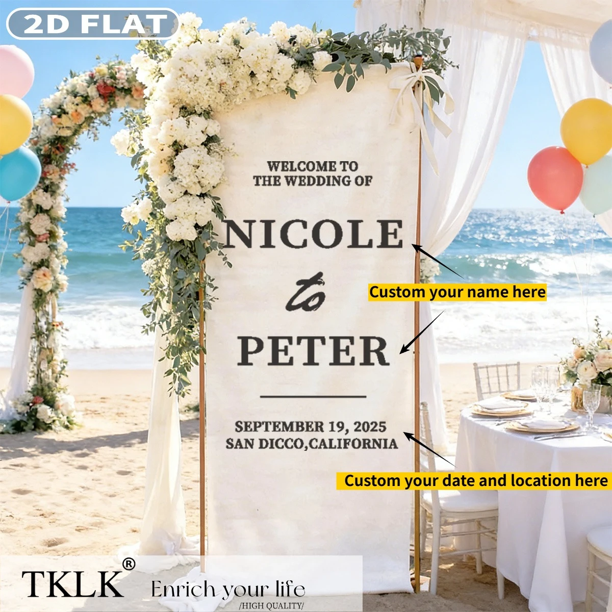 2D FLAT 1pc Personalized Polyester Wedding Party Banner | Custom Fabric Welcome Sign for Ceremony & Reception