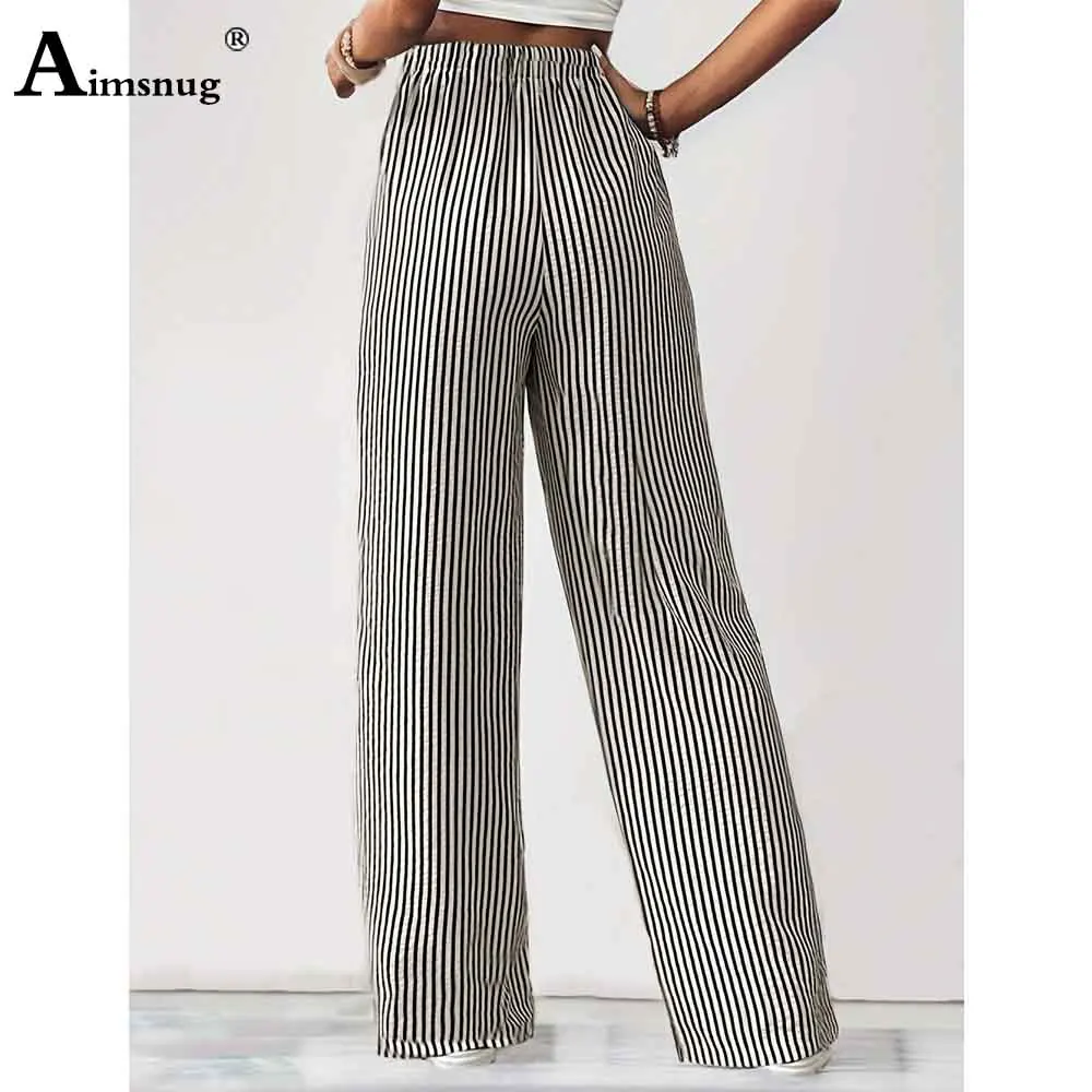 2025 Women Elegant Fashion Striped Penicl Pants Female Stand Pocket Board Trousers New Summer Elastic Waist Straight Beach Pants