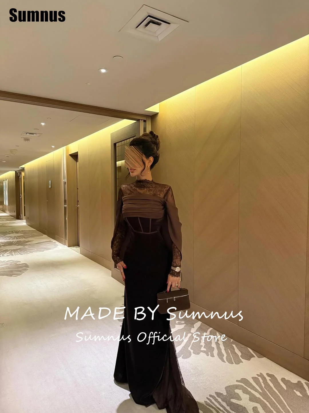 Sumnus الساحرة حورية البحر براون فساتين السهرة الدانتيل الطيات عالية الرقبة الطابق طول مساء اللباس Fساتين Shret مخصص