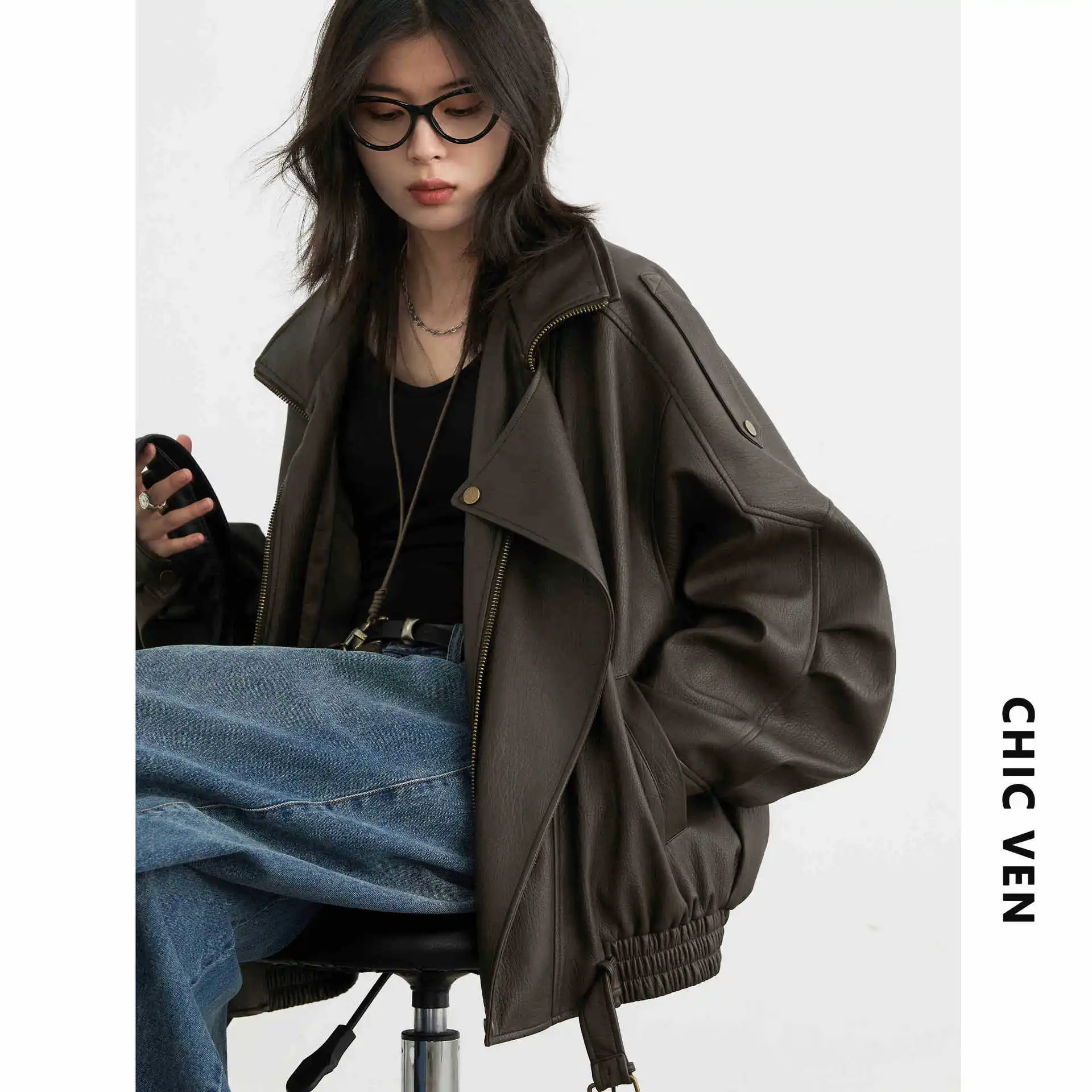 Women's Retro Biker Jacket Autumn New - Heavy Duty Details  Stand Collar PU Leather Materia Stylish Outerwear