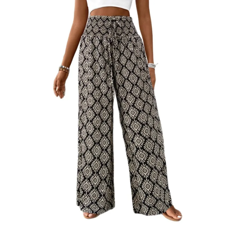 New Women's Boho Geometric Print Wide Leg Pants High Waist Tie Knot Drawstring Casual Loose Palazzo Pants Beach Vacation