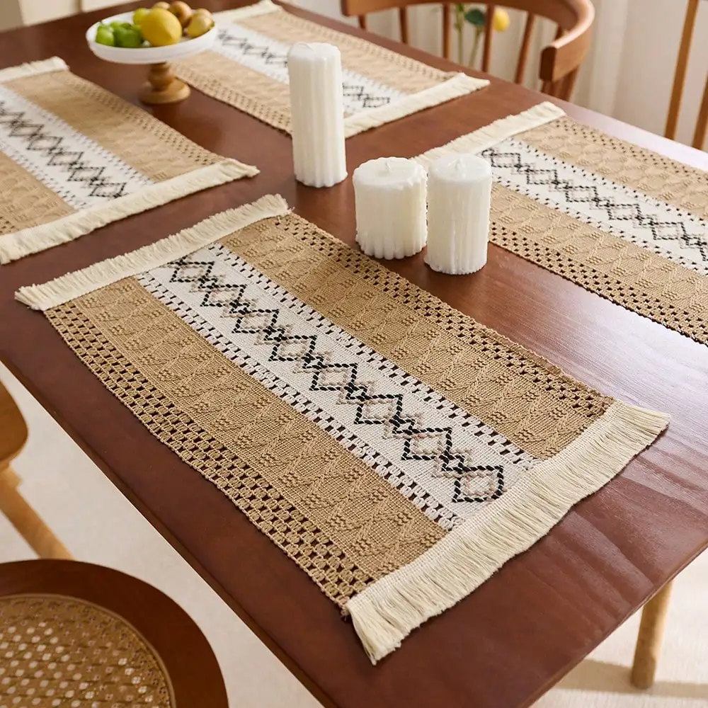 1/4/6pcs 30*50cm Bohemian Style Placemats, Hand-Woven Tassels, Double-Sided Usable, Suitable for Dining Tables