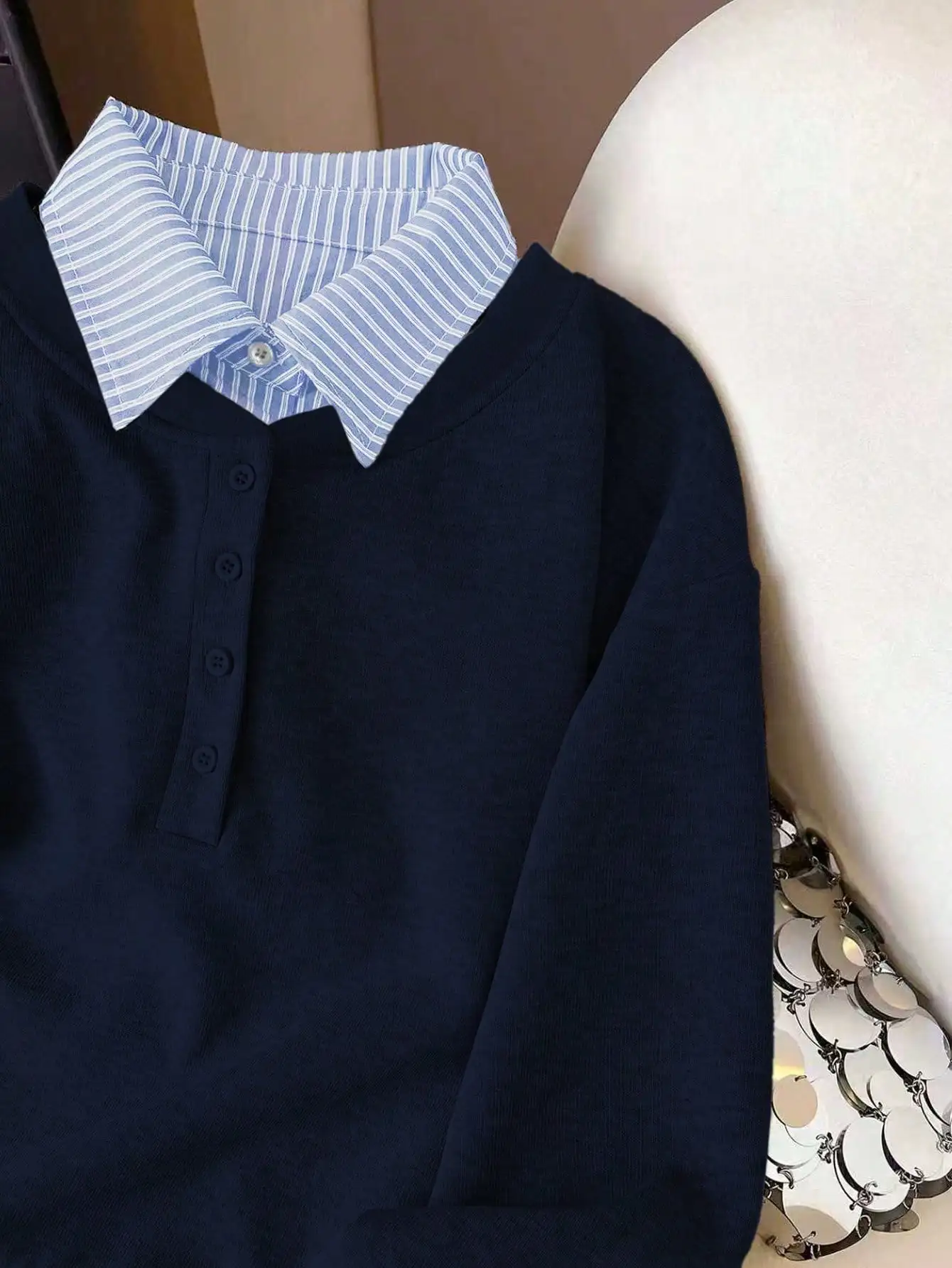 

Женский повседневный пуловер с контрастным воротником, длинными рукавами и молнией до середины груди