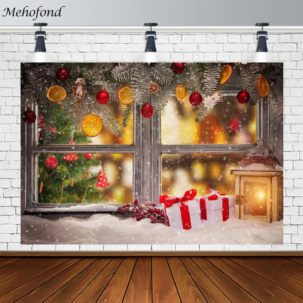 

Christmas Backdrop Bay Window Snowy Gift Lights Xmas Decoration Background for Photography Photo Studio Shooting Photocall Props