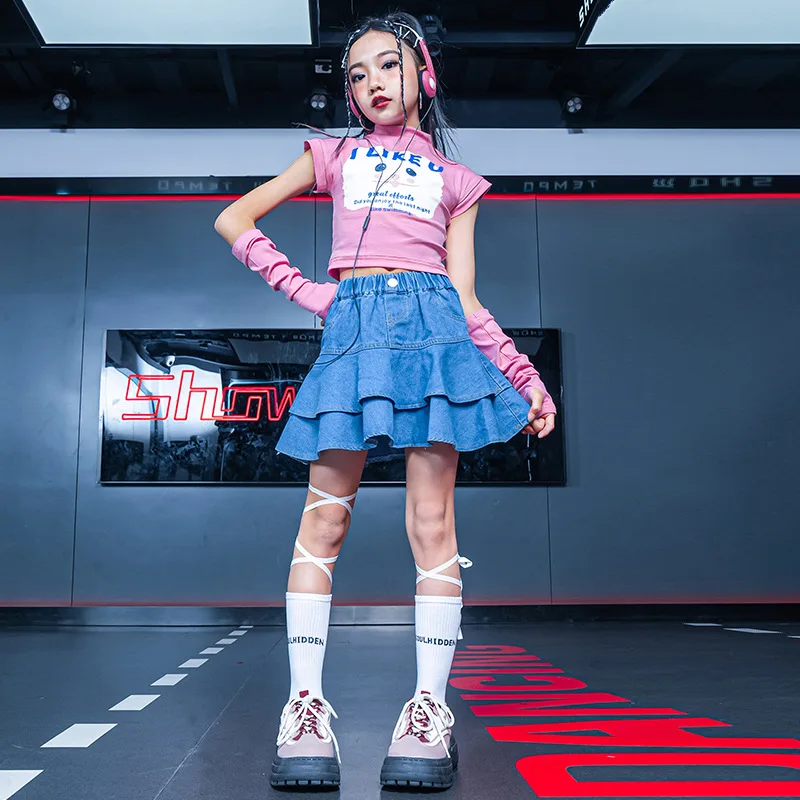 Kid Kpop Hip Hop Clothing Cute Pink Mock Neck T Shirt Crop Top Denim Blue Ruffled Mini Skirt for Girl Jazz Dance Costume Clothes