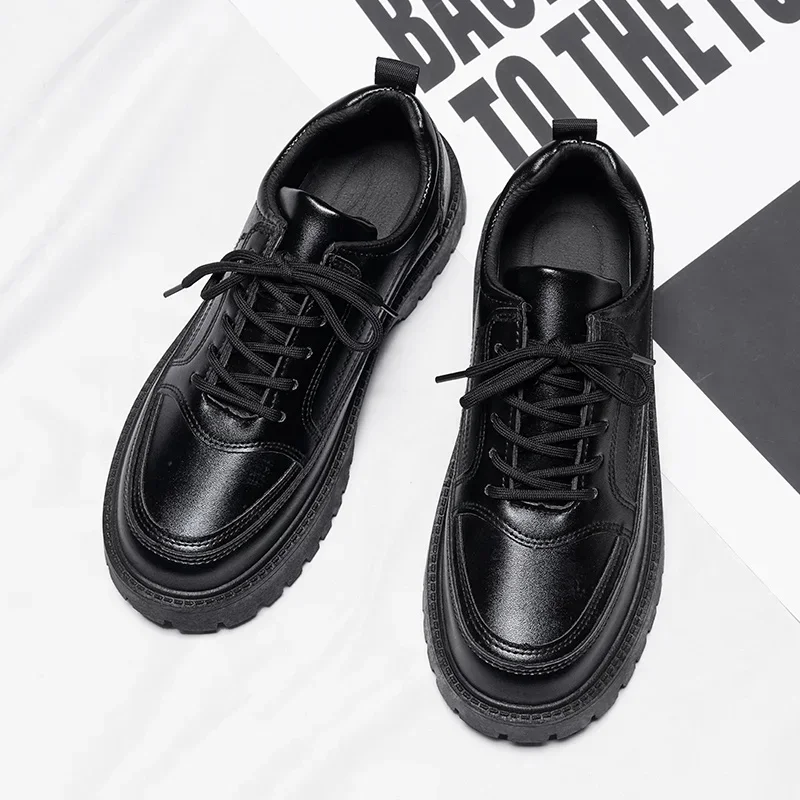 Men's Casual Leather Shoes Thick-soled Low-top Retro Black Small Leather Shoes Men's Round-toe Design Classic Casual Trendy Shoe